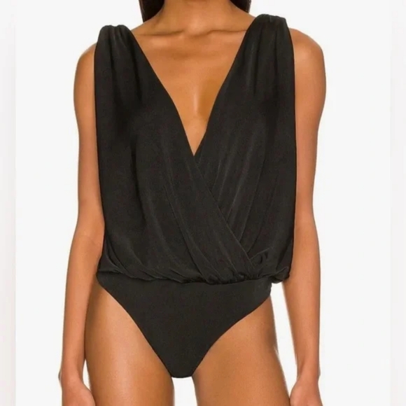 CAMEO ROSE - Black Deep V Ruched Plunging Neck Bodysuit Jumpsuit Sexy Plus Size - Picture 6 of 6